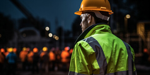 Construction worker holding his helmet and wearing fluorescent waistcoat while looking at construction site - Generative AI