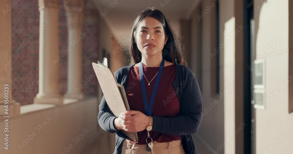 Poster school, time and teacher walking in hallway with clipboard for learning, lesson schedule and educati