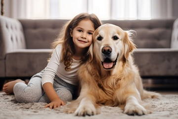 Girl, dog and hug together on floor in living room and golden retriever, kid and relaxing with pet on lounge carpet - Generative AI