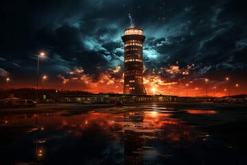 Obraz premium Control Tower Illuminated Against The Sunset, Generative AI