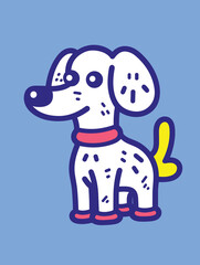 Fototapeta premium A funny-looking dog with a pink collar and pink feet, yellow tail, and dark blue outline.