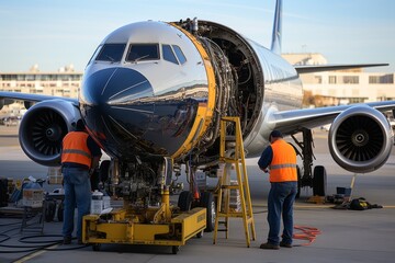 Planes Engine Being Inspected By Mechanic, Generative AI