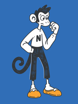 An illustrated Hipy monkey on a blue background. Doodle Sharpie illustration, bold line.