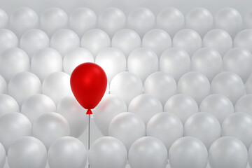 Red balloon floating higher than group of white balloon, leader, creative, different, thinking, idea, 3D rendering.