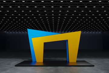 Yellow and blue booth exhibition stand arch in hall for product fair show, 3D rendering.