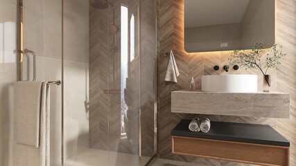 Luxury beige bathroom with tempered glass curved shower room enclosure at corner, vanity counter,...