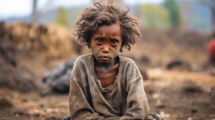 Hungry starving poor little child looking at the camera in Ethiopia - obrazy, fototapety, plakaty