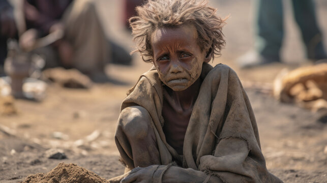 Hungry starving poor little child looking at the camera in Ethiopia