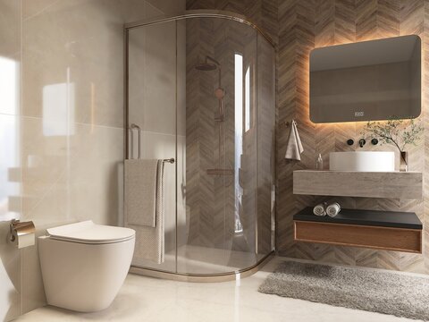 Luxury beige bathroom with tempered glass curved shower room enclosure, vanity counter, washbasin, mirror, toilet and wall, floor tile in sunlight from window. Interior design decoration background 3D