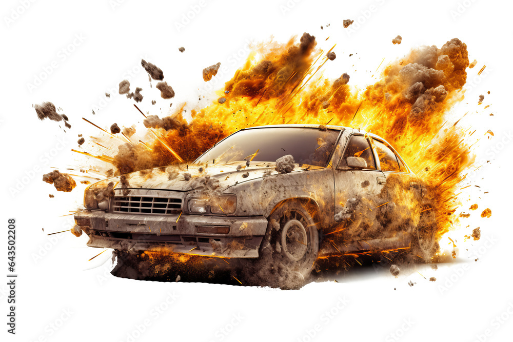 Poster realistic 3d render of a car exploding in flames and smoke isolated on transparent background