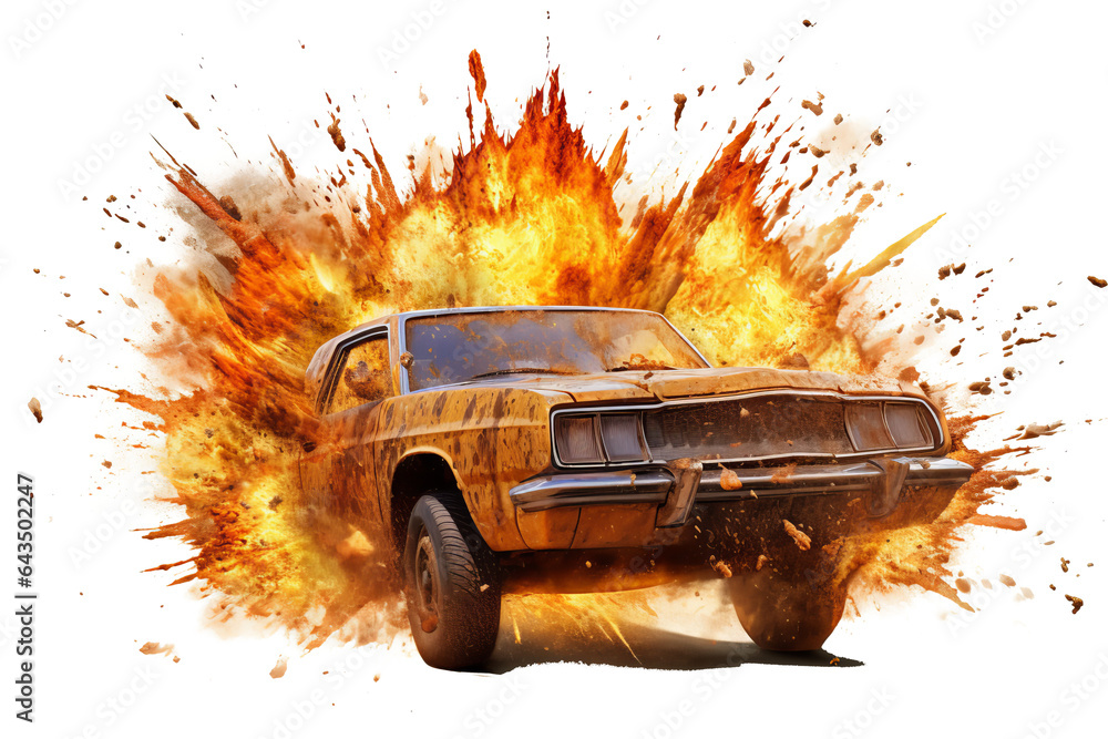 Poster realistic 3d render of a car exploding in flames and smoke isolated on transparent background