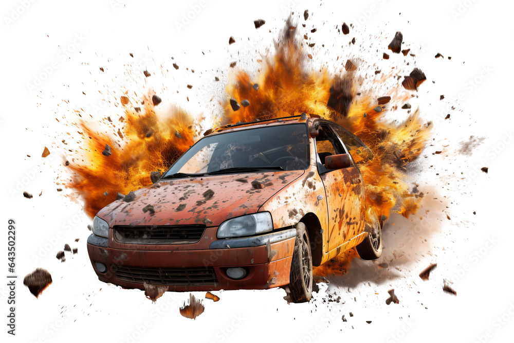 Poster realistic 3d render of a car exploding in flames and smoke isolated on transparent background