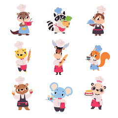 Cute Animals Chef Character in Uniform Cooking Meal Vector Set