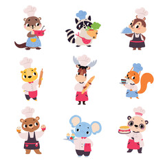 Obraz premium Cute Animals Chef Character in Uniform Cooking Meal Vector Set