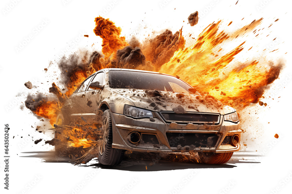 Poster realistic 3d render of a car exploding in flames and smoke isolated on transparent background
