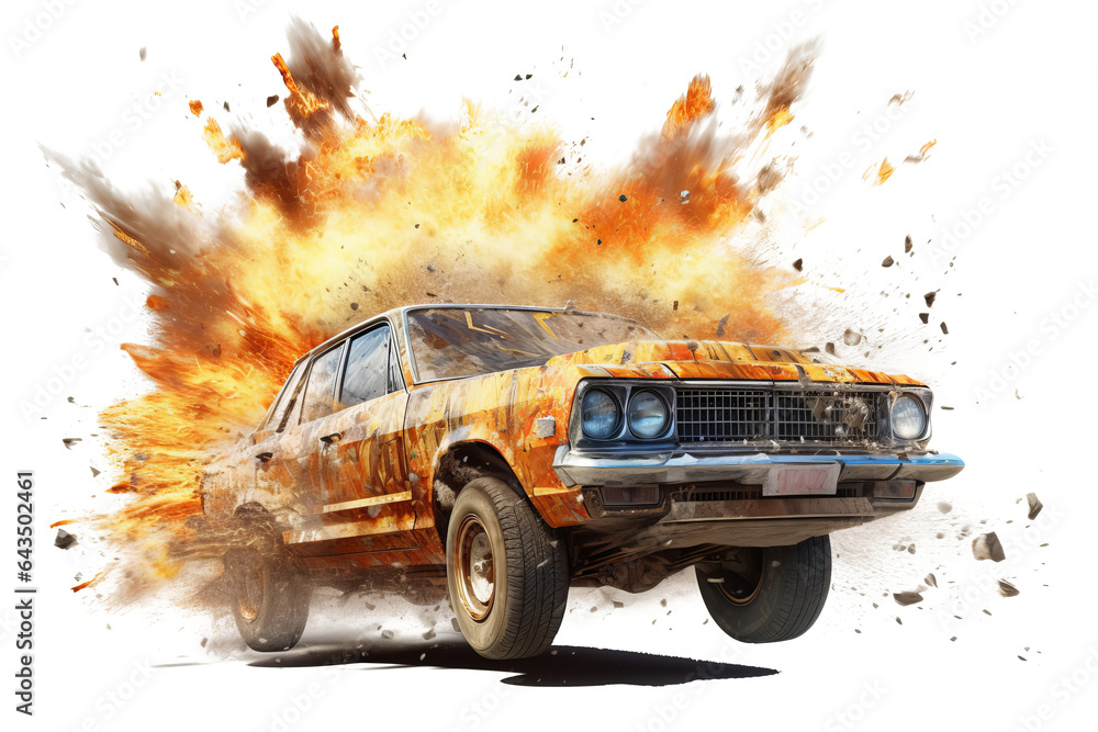 Poster realistic 3d render of a car exploding in flames and smoke isolated on transparent background