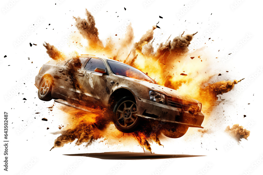 Poster realistic 3d render of a car exploding in flames and smoke isolated on transparent background