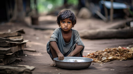 Hungry starving poor little child looking at the camera - obrazy, fototapety, plakaty