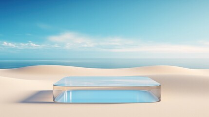 Minimal mockup background for product presentation. Glass podium on sand beach background.
