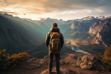 Fototapeta na wymiar Backpacker Gazing At A Stunning Mountain Range, Generative AI 