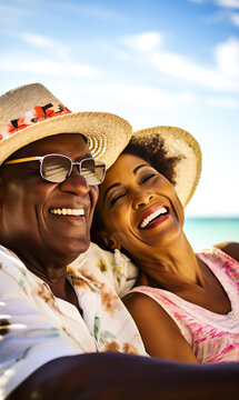 Mature couple, relaxing on a tropical beach. Concept of traveling seniors, having fun and relaxing. Shallow field of view. Copy space.