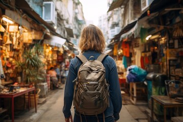 Obraz premium Backpacker Navigating The Bustling Streets, Generative AI 