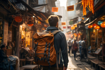 Fototapeta premium Backpacker Navigating The Bustling Streets, Generative AI 