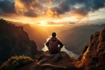 Obraz premium Backpacker Taking A Break Over A Cliff, Generative AI 