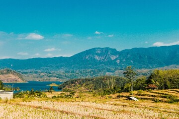 Fototapeta na wymiar Natural views at Darma Reservoir and Kuningan Reservoir with very beautiful hills and trees in Kuningan, West Java, Indonesia