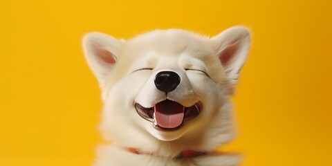 Fototapeta premium Generative AI : Happy puppy dog smiling on isolated yellow background.