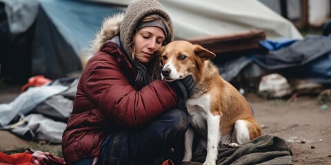 Generative AI : Female volunteer with homeless dog at animal shelter outdoors - obrazy, fototapety, plakaty
