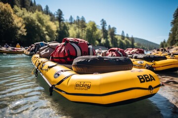 Rafts Line Up Along A Riverbank During Rafting Session, Generative AI