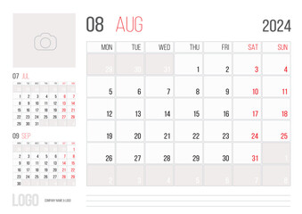 Calendar 2024 planner corporate template design - August month