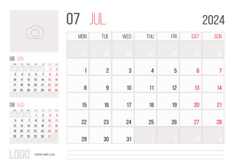 Calendar 2024 planner corporate template design - July month