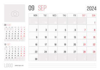 Calendar 2024 planner corporate template design - September month