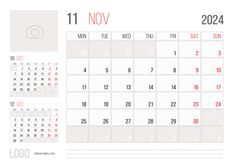 Calendar 2024 planner corporate template design - November month