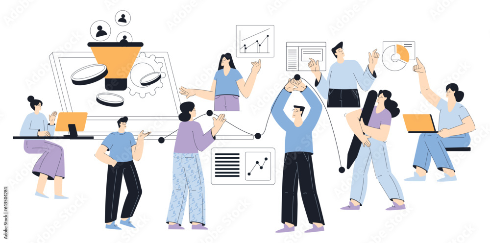 Sticker Business People Characters Engaged in Working Process Vector Illustration