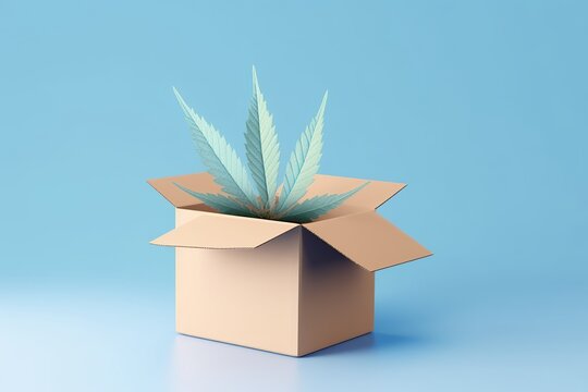 CBD Delivery Concept, Delivery Cbd Cannabis Leaf On Cardboard Box Light Blue Banner Background, Cannabis Online, Generative AI.