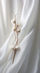 a sprig of cotton on a flawless white draped in a soft white cloth. Still life photography and minimalist composition