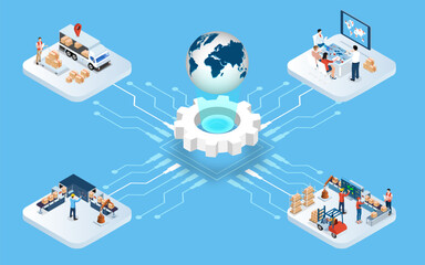 3D isometric Global logistics network concept with Transportation operation service, Supply Chain Management - SCM, Company Logistics Processes. Vector illustration EPS 10