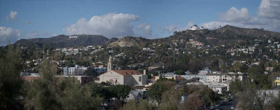 Panorama of Los Angeles as seen from Barnsdall Art Park, showing the Hollywood Sign and Griffith Observatory.