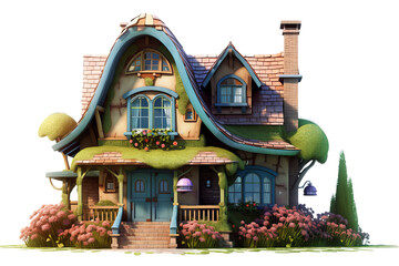 Victorian style house with turret and porch in a lush garden setting isolated on transparent Background - high quality PNG