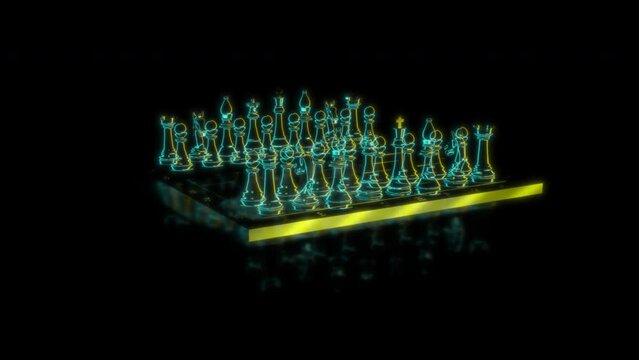 render 3D animation of the model chess on a black background future technology screen
