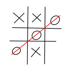 Sketch tictactoe kids game. Hand drawn Tic tac toe. X-O children game. Win in tictactoe. Vector doodle illustration on white background.