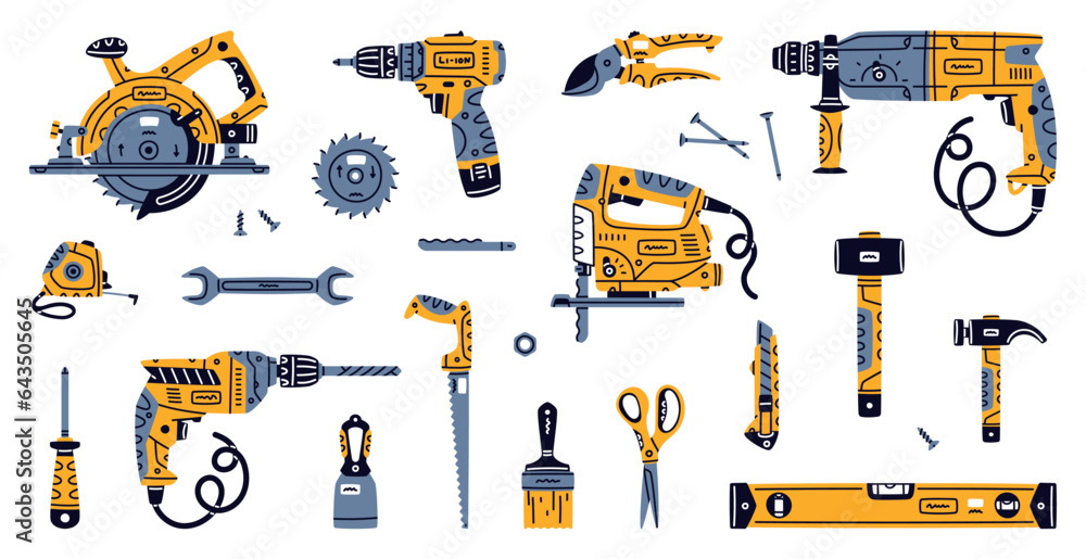 Wall mural construction tools and equipment for home repair work vector set