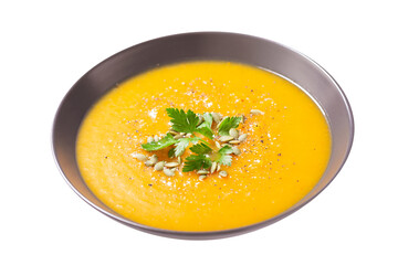 plate of pumpkin soup with parsley isolated on transparent background