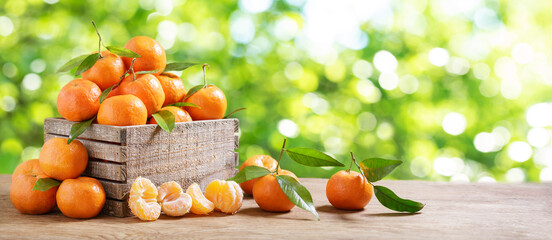Fresh mandarin oranges fruit or tangerines with leaves in a wooden box - obrazy, fototapety, plakaty