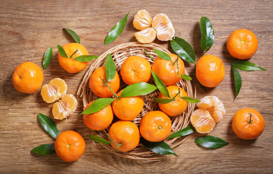 Fresh mandarin oranges fruit or tangerines, top view