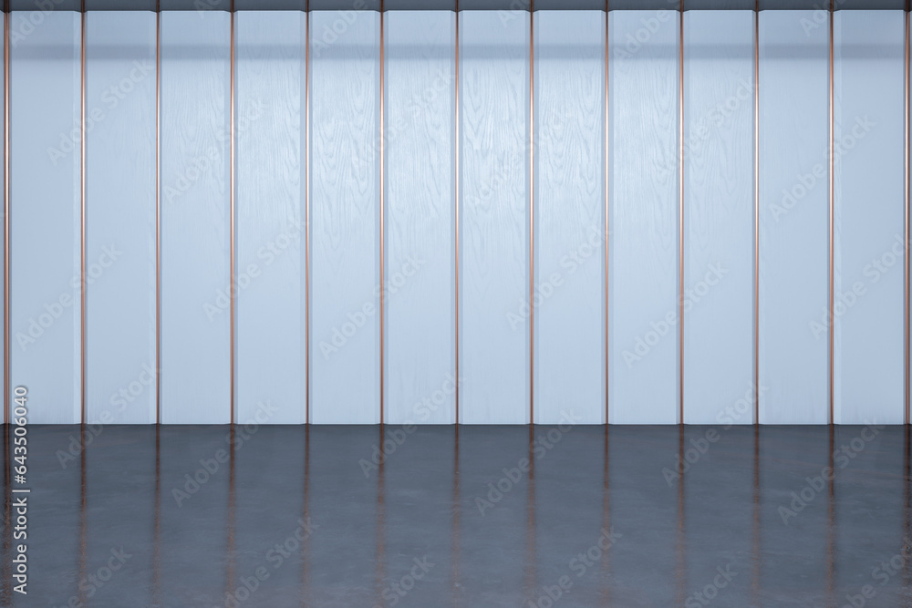 Poster contemporary empty gray plank garage interior with mock up place and reflections on floor. product a