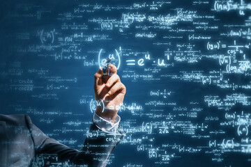 Close up of businessman hand using glowing digital math formulas hologram on blurry background. Ai...
